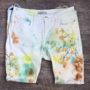 ZARA DENIM Tie Dye Embroidered flower and blue bird. Hand made summer jeans!!☺️